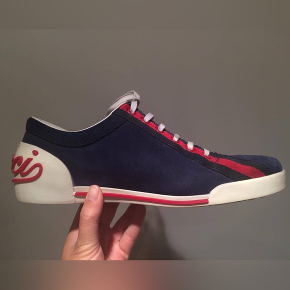 Gucci Blue Suede Script Logo Lace Up Low Sneakers Shoes size 8.5 - Picture 4 of 16